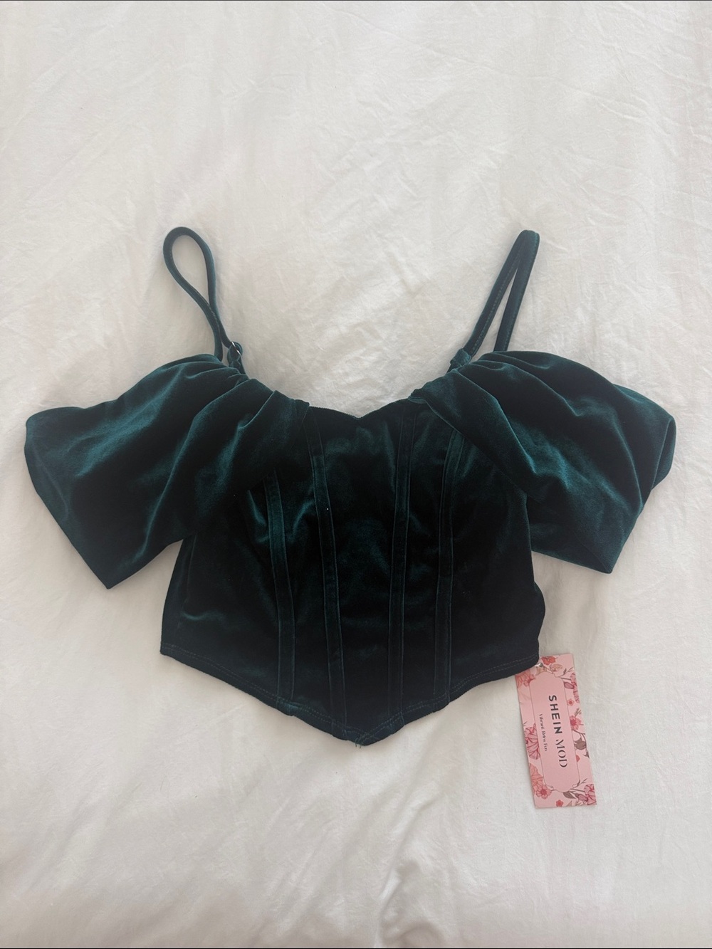 SHEIN Dark Emerald Velvet Off-Shoulder Corset Crop Top